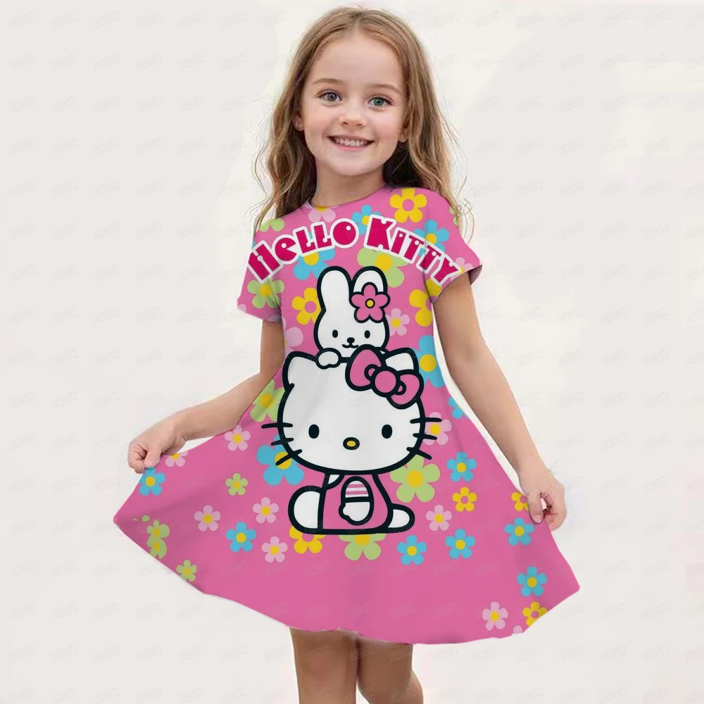 

Summer Hot Sale Hello Kitty Full Print Girl Dress KID Pink Cartoon Pattern Party Short Sleeve Parent-Child Dress