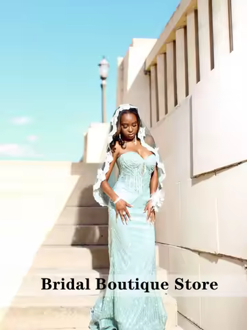 Romantic Mint Green Strapless Prom Dress Beaded With Matching Lace Veil Formal Evening Gown Customized