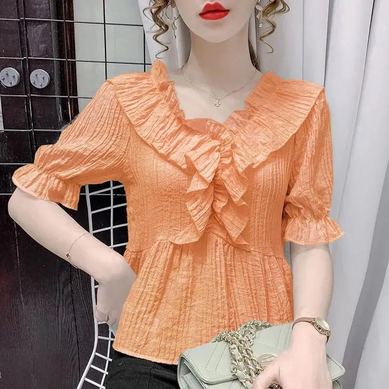 

Summer New Sweet Waist-Cinching French Puff Sleeve Floral Chiffon Blouse