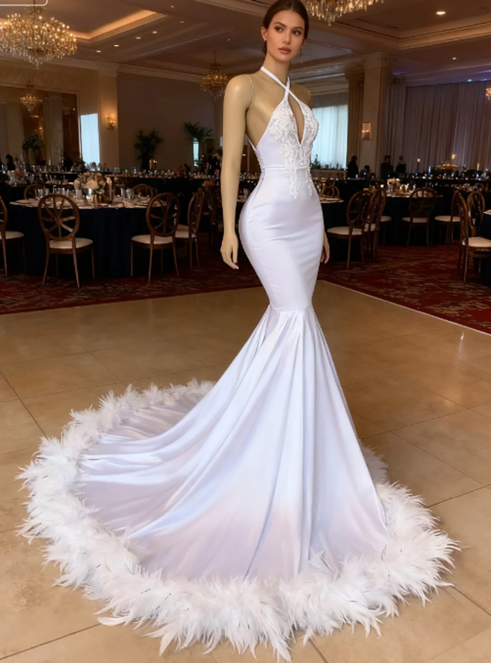 

Ostrich Feather Trumpet Long Prom Dress for Women Snow White Sweep Train Black Girl Lace Stain Birthday Party Gown customsized