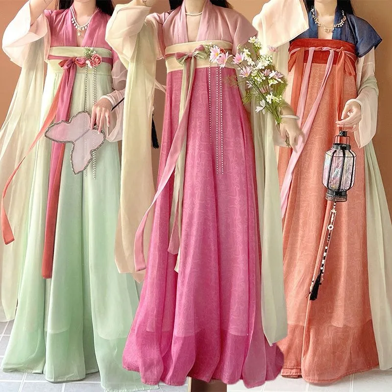 Chinês tradicional rosa laranja verde roupas femininas fada hanfu moda estilo étnico festa palco mostrar cosplay vestido de princesa