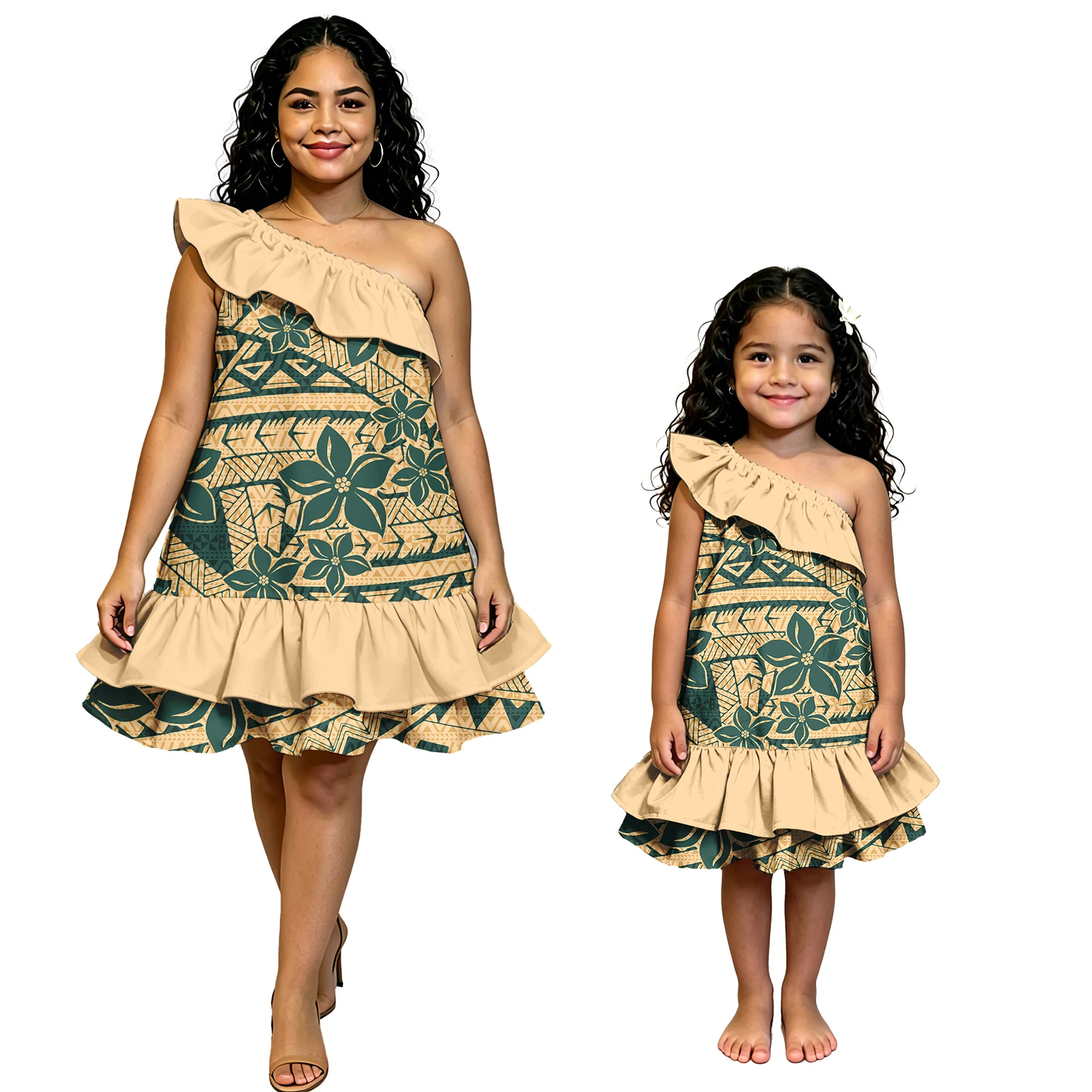 Samoa Polynesia Island Popular Mommy and Me Clothes Summer Sundays Hawaiian Plumeria Print Women Beach Dress Girls Ruffles Dress