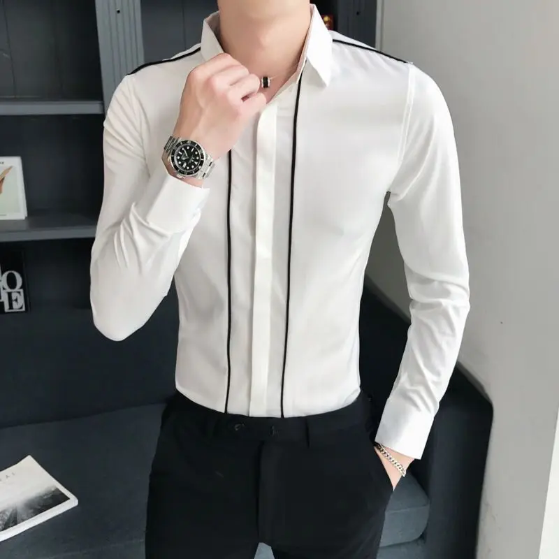

Мужская рубашка с длинным рукавом, Повседневная универсальная приталенная рубашка в британском стиле с цветным блокирующим воротником, весна-осень 2024