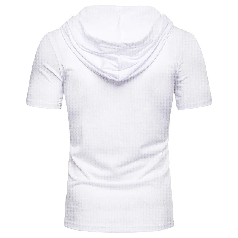 Men\'s Sports Drawstring Short Sleeves Casual T-shirt Summer Loose Breathable Mesh Hooded T-Shirt Outdoor Running Solid Color Top