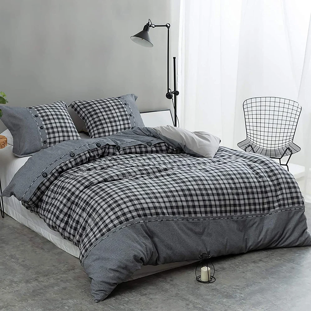 

Simple&Opulence 3Pcs 100% Cotton Flannel Plaid Double Bed Linens Bedding Set King Size Pillowcase Duvet Cover comforter Sheet