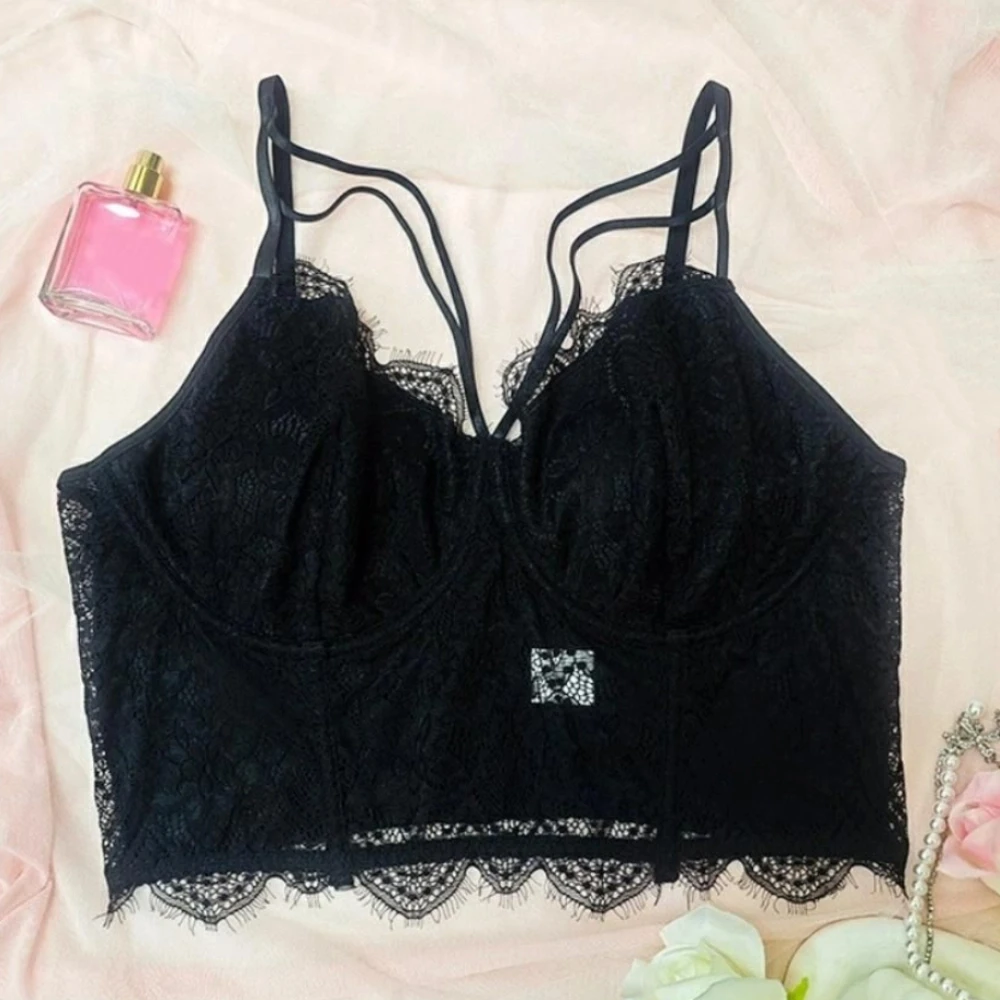 Spicy Girl Style Hollow Large Lace Camisole Transparent Deep V Square Neck Lace Crop Tops 1XL-4XL Tanks Suspender Vest Travel