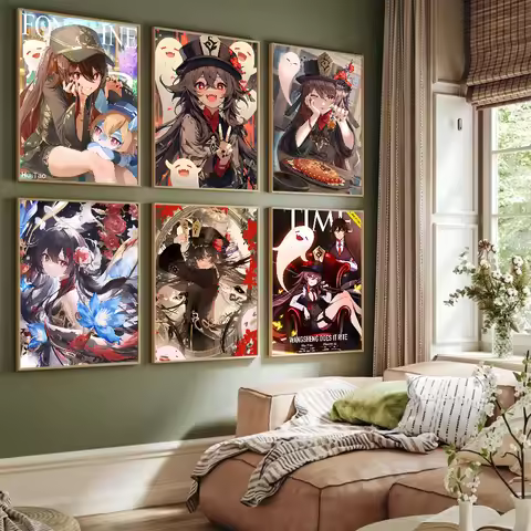 Anime Genshin Impact Hu Tao Classic Vintage Posters Decoracion Painting Wall Art White Kraft Paper Kawaii Room Decor