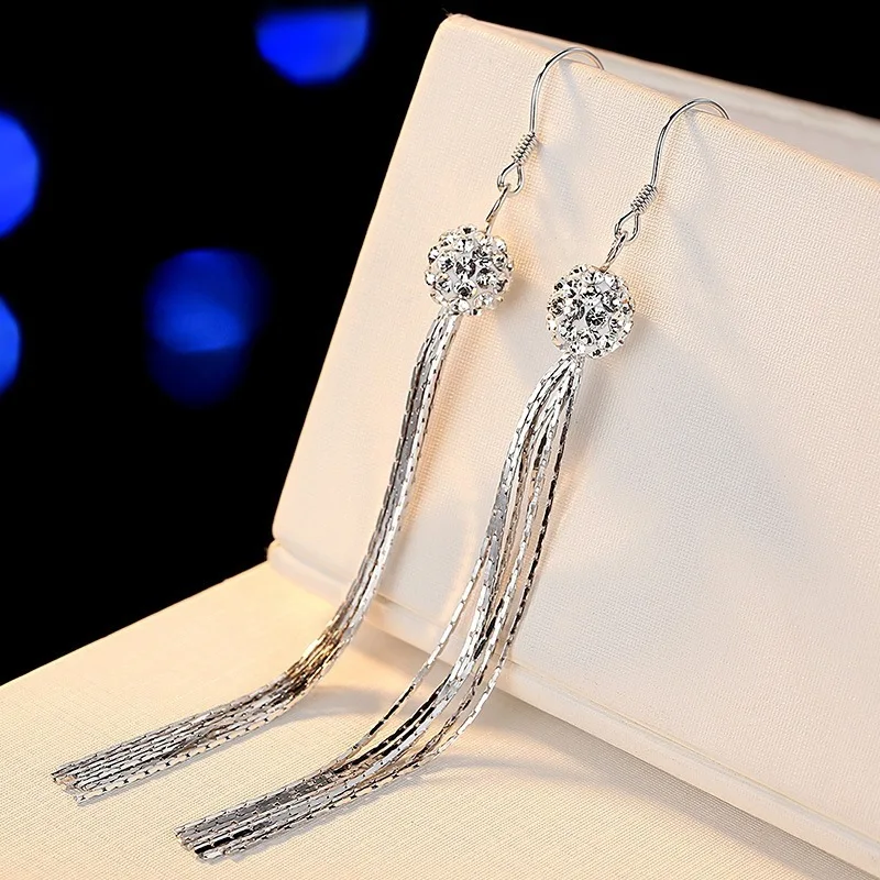 925 Sterling Silver Fringed Stud Earrings Long Full Diamond Embellished Silver Earrings Elegant Jewelry for Women