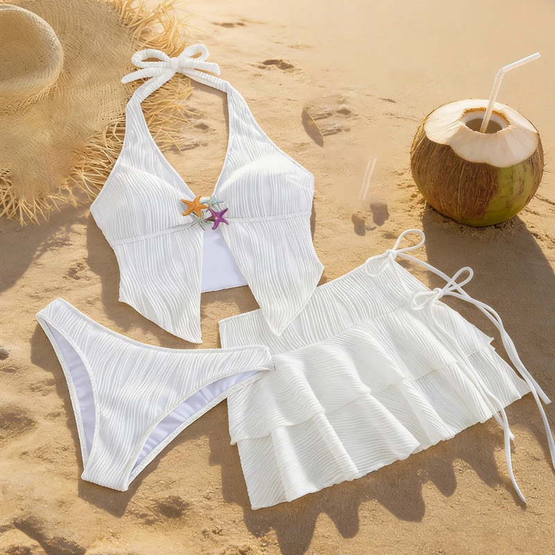 

Women Bikini Set, Tie-up Halter Neck Starfish Bra Briefs with Layered Skirt 3-piece Bathing Suit,Summer Beach Sea Swimsuit