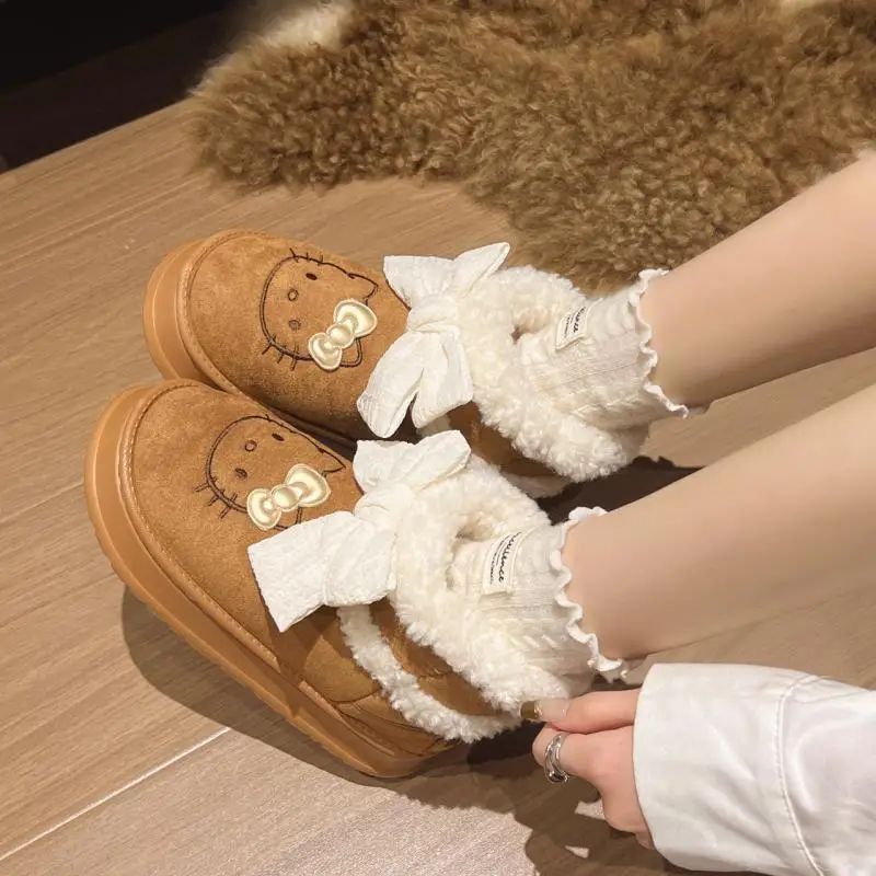 Hello Kitty Girls' Plush Snow Boots Warm Non-Slip Sneaker Cute Warm Cotton Shoes Outdoor Short Boot Winter Boot Girl's Gift