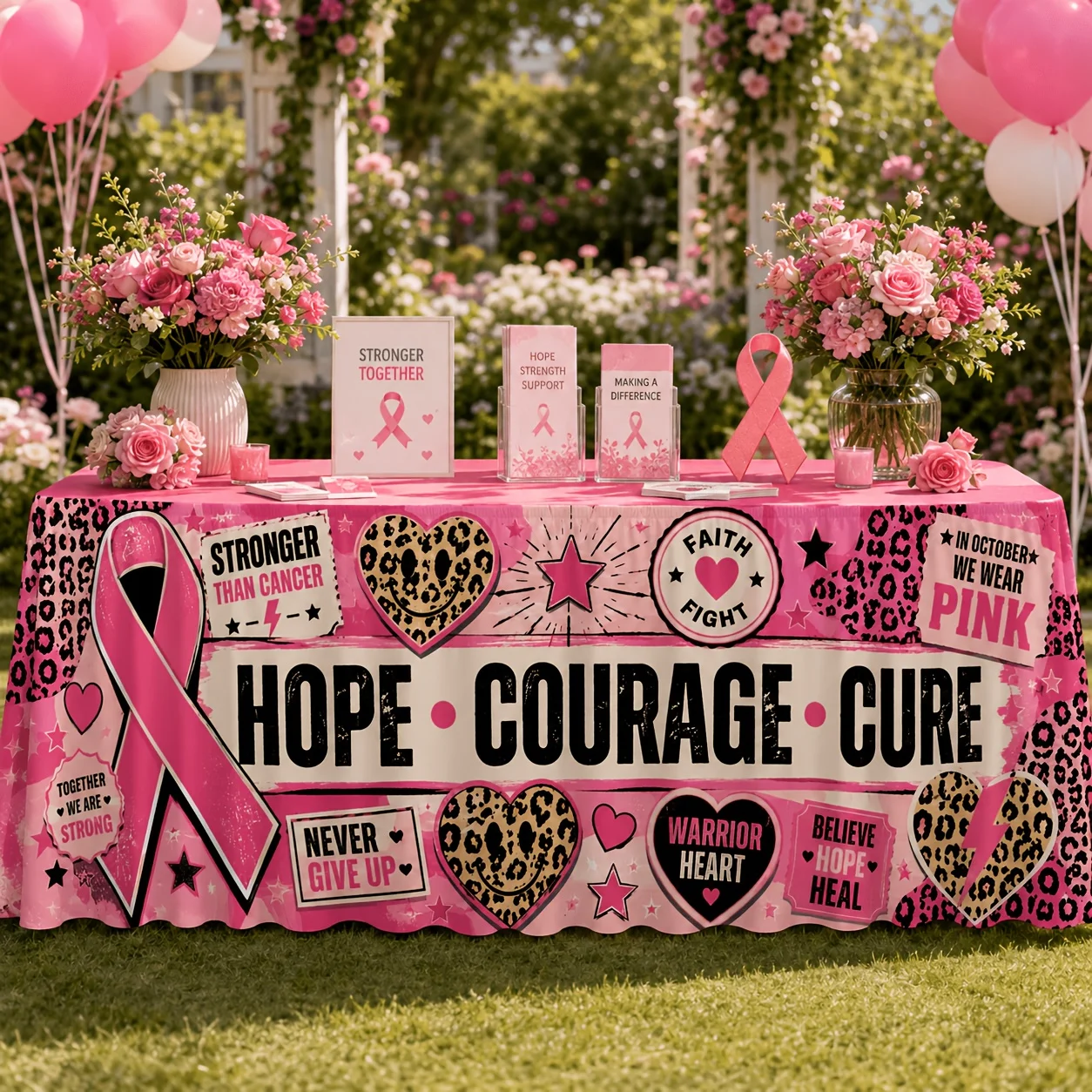 Hope Courage Heals - Breast Cancer Awareness Tablecloth with Inspirational Textures - October Pink Supportxzj