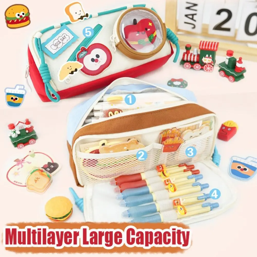 Cartoon With Plush Doll Pen Bag Multilayer Large Capacity Stationery Bag Portable Pencil Case Gift