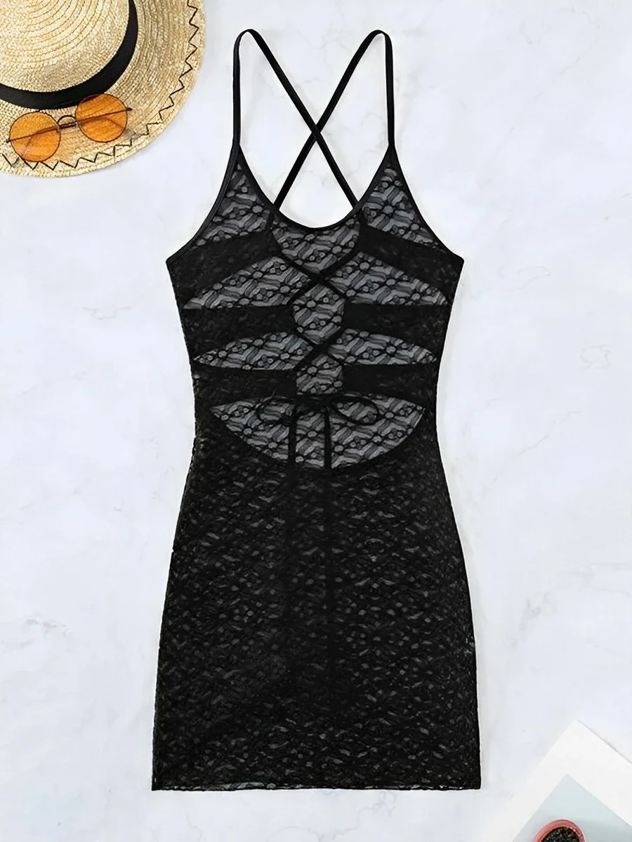 Hollow Out Drawstring Sexy Halter Bikini Cover Up 2025 Women Black Beach Skirt Swim Dress Bathing Suit Swimsuit Swimwear