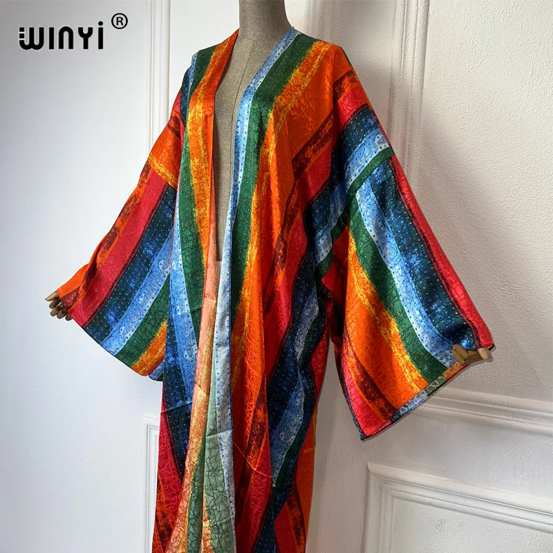 WINYI beach cover up print kimono Silk feel Dress Beach Wear Boho Cardigan abaya women abito musulmano africa cappotto a maniche lunghe