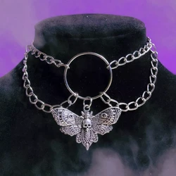 New 2022 Moth Charm Chain Necklace Gothic Choker for Women Men Silver Vintage Skull Pendant Necklace Trend Witch Jewelry