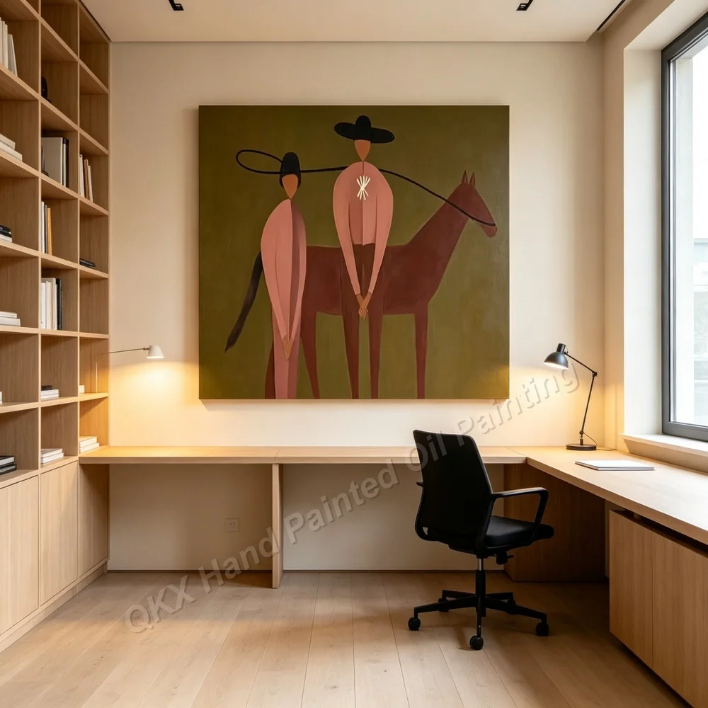 Hand Painted Abstract Oil Painting - Mid-Century Western Theme with Two Cowboys Equine Artwork for Home Living Room And Bedroom