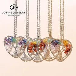 JD Natural Crystal Seven Chakras Gravel Stone Tree Of Life Pendant Necklace Women Men Fashion Healing Stainless Steel Choker