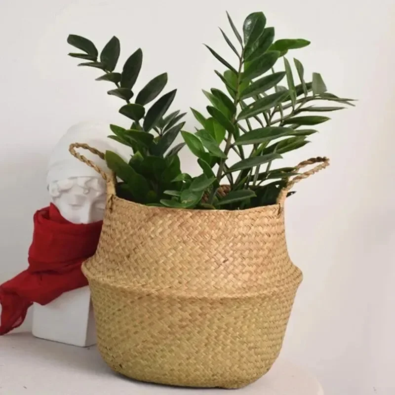 Wicker Basket Toy Organizer Folding Rattan Seagrass Storage Basket Laundry Woven Basket Plant Flower Pot For Home Garden