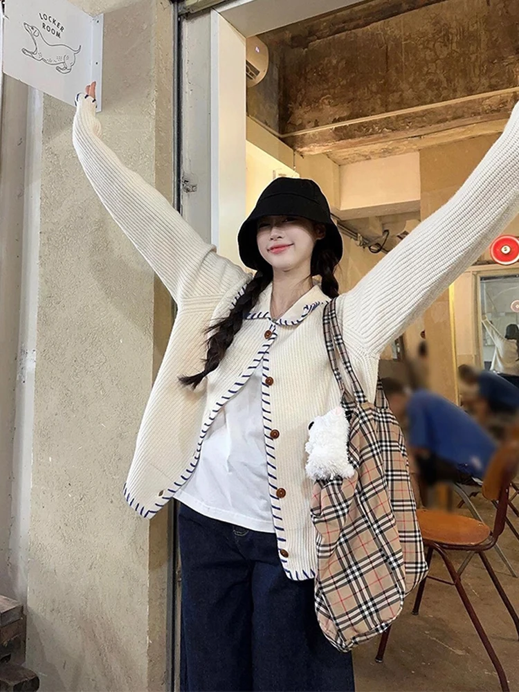 

Casual Loose Knitted Cardigan Sweater Men's Autumn Faion Contrast Color Collar Open-irt Sle Polyester Fiber Long Sve