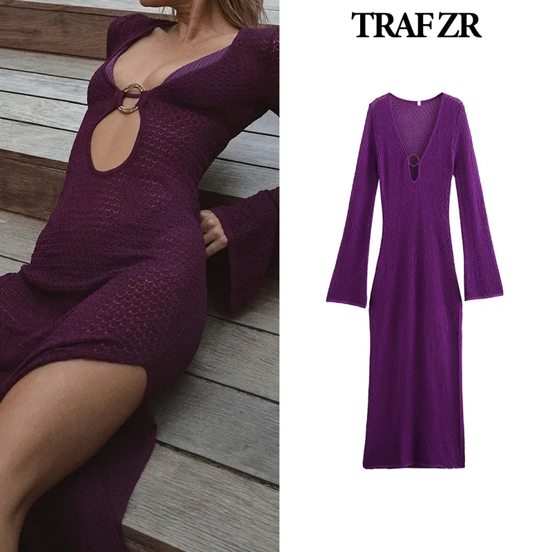 TRAF ZR abiti Sexy con ritagli abiti da donna eleganti e belli abiti Midi Prom Party Dress abito in maglia con scollo a v