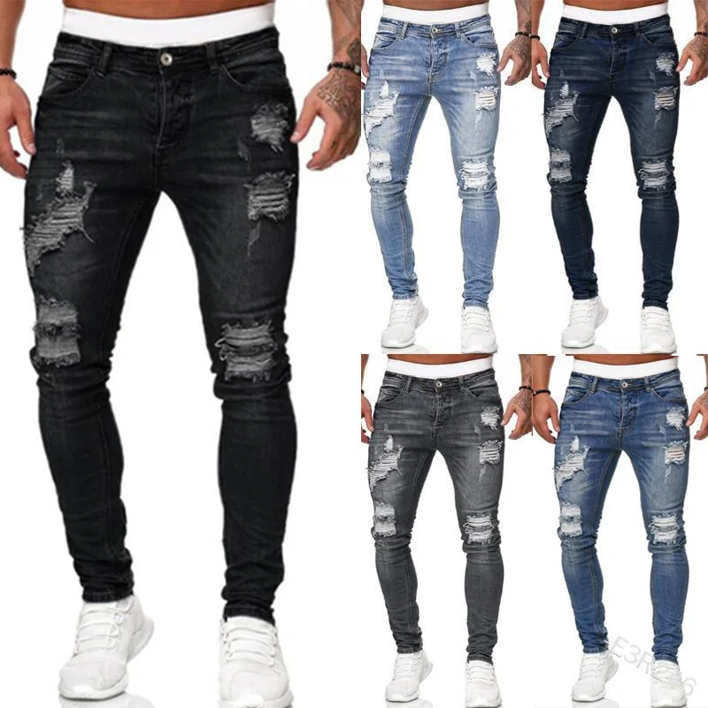 

Men's Skinny jeans Casual Biker Jeans Denim Knee Holes Distressed Scratched Bleached hiphop Ripped Pants Washed 34B3