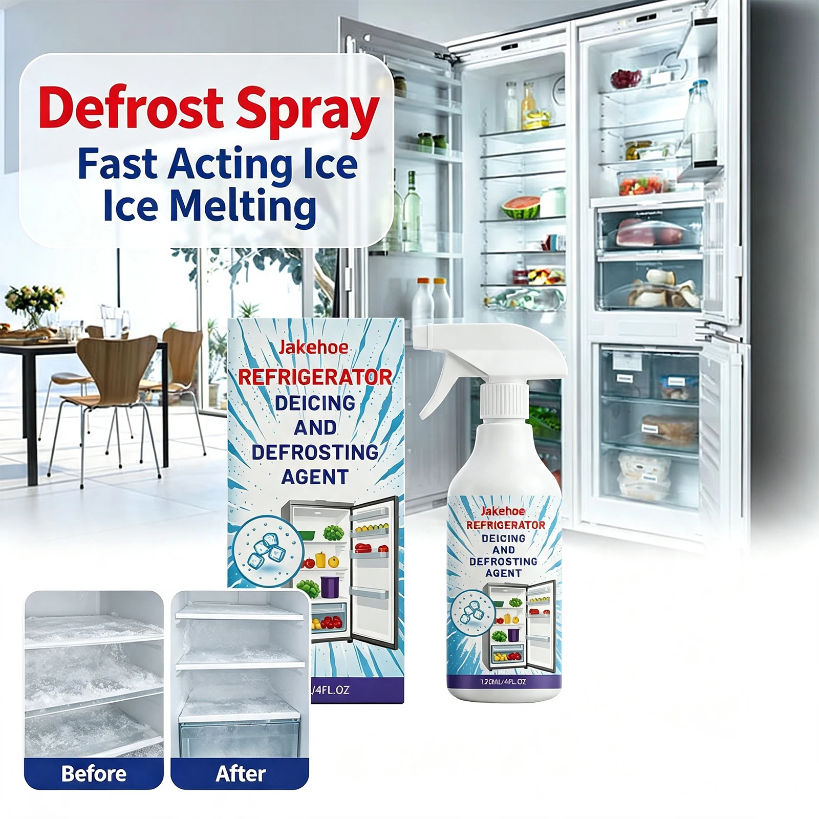 Jakehoe Defrost Spray Household Refrigerator Freezer Ice Melter Remove Odor Long Lasting Fresh Multi Purpose Cleaner 120ml