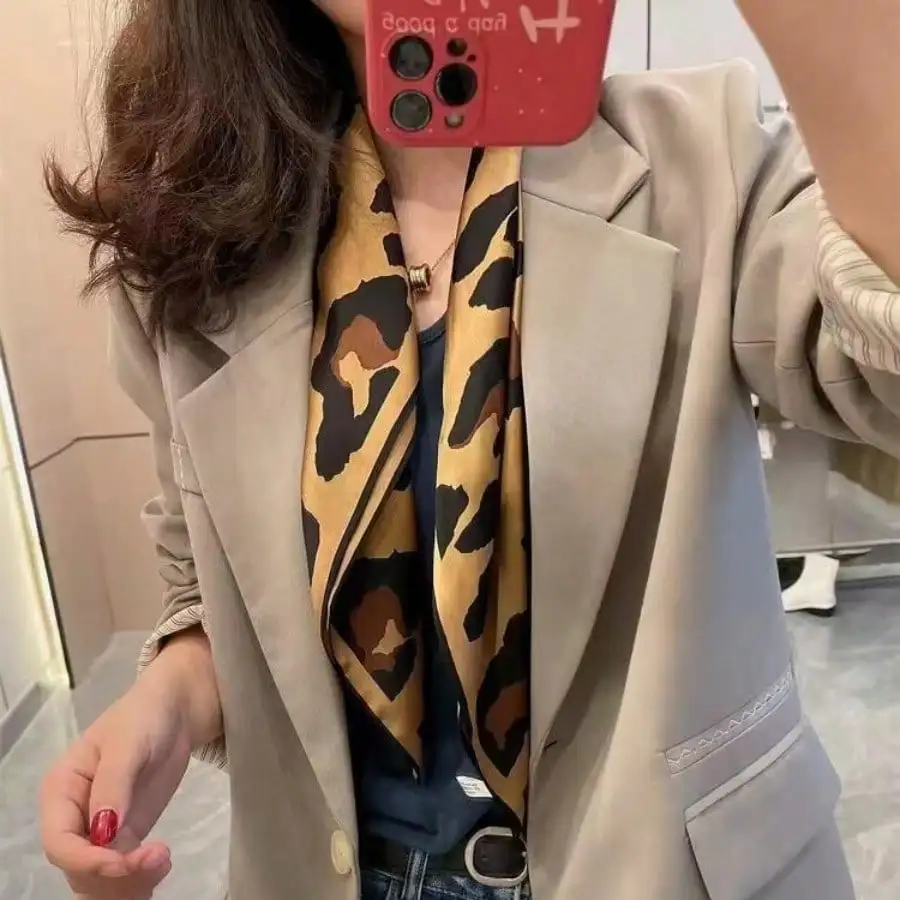 

Women's Leopard Print Satin Scarf, Brown Gold Long Faux Silk Scarf, Retro Fashion Office Casual Accessory