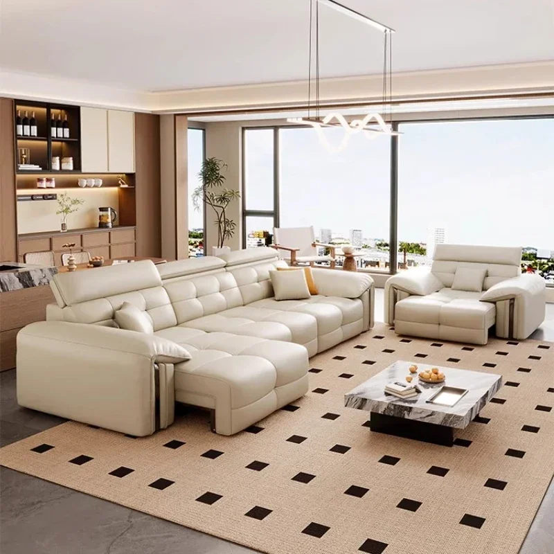 Electric Function Leather Sofa Bed Recliner Dual Use Living Room Double Sofa Sleep Retractable Couch Wohnzimmer Furniture
