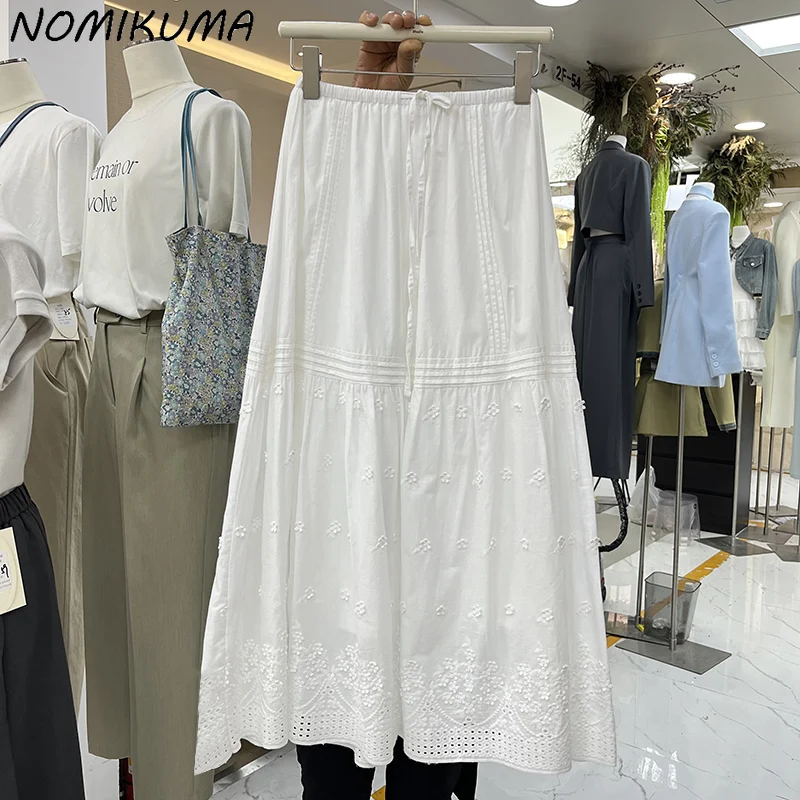 

Nomikuma French 3D Flower Embroidered Korean Drawstring Lace A-line Umbrella Skirts High Waist Long A-line Skirt Mujer Faldas