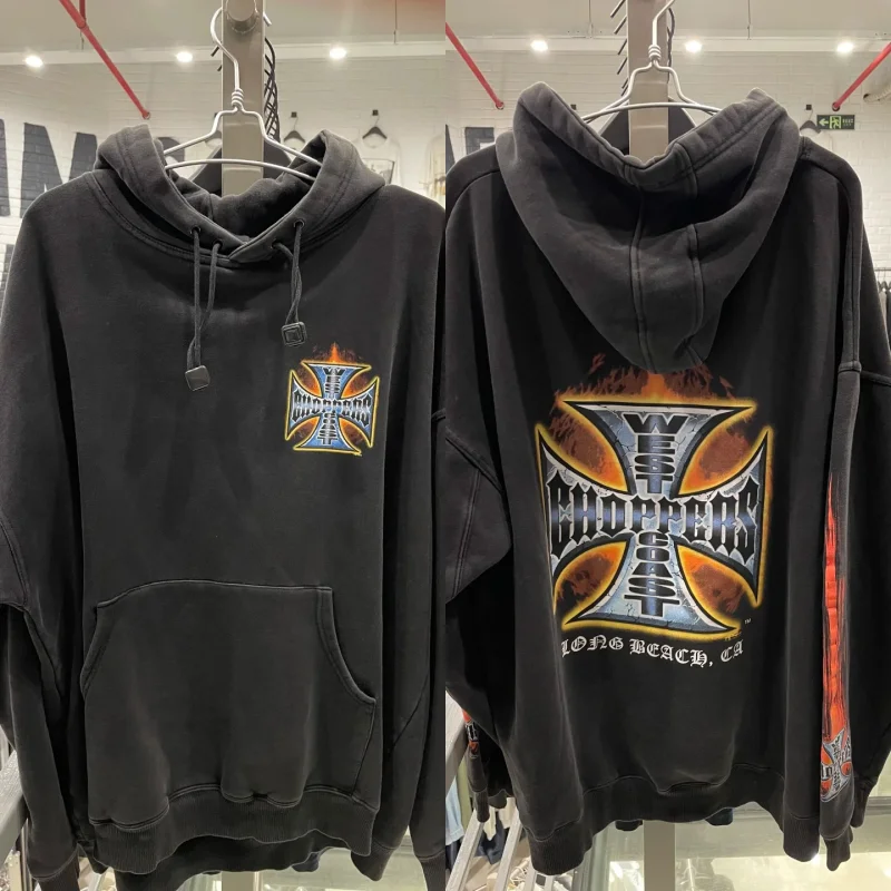 

West Coast Hoodie Sweatshirt Flame Motorcycle Pattern Washed Water To Old Hoody Men Women Pullover