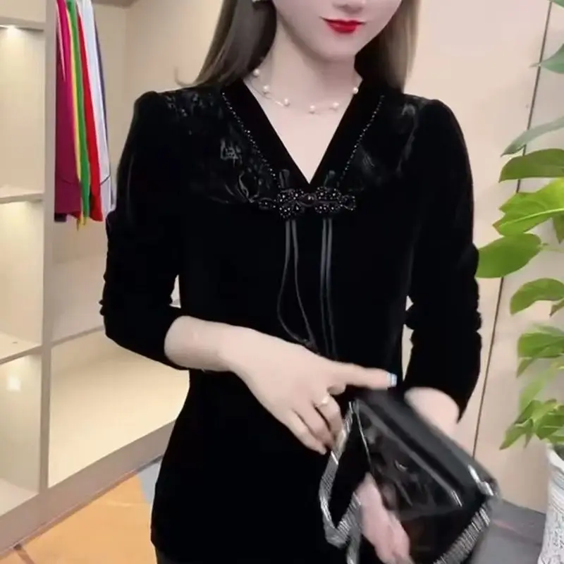 New Gold Velvet Top with Long Sleeves Fashionable National Style Slim National Elastic TT660