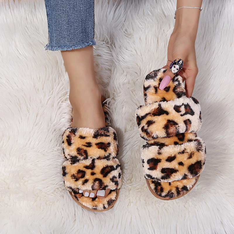 New Winter Women Leopard Pattern Plush Slippers Open Toe Soft Sole House Shoes Woman Indoor Comfort Warm Faux Fur Home Slippers view 3
