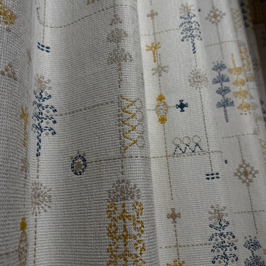 Boho Embroidery Tree Linen Curtains, Retro Geometric Print Window Drapes, Light Filtering Curtain for Farmhouse Home Decoration