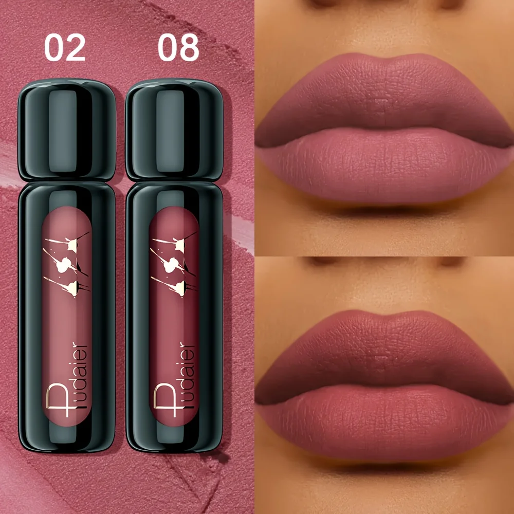 Waterproof Non-Fade Matte Lip Gloss Set 2pcs Pudaier Nude & Reddish-Brown Non-Stick Cup Lip Color