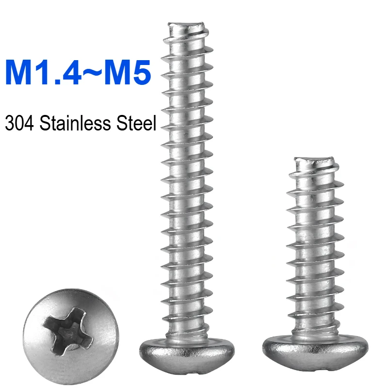 M1.4 M1.7 M2 M2.2 M2.6 M3 M3.5 M4 M5 304 Stainless Steel Phillips Cross Recess Round Pan Head Flat Tail Self-tapping Screws