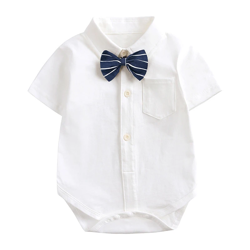 Baby Boys Formal Bow Tie Bodysuit Short Sleeve Onesie Infant Gentleman Romper Toddler Wedding Party Summer Outfit 0-24 Months