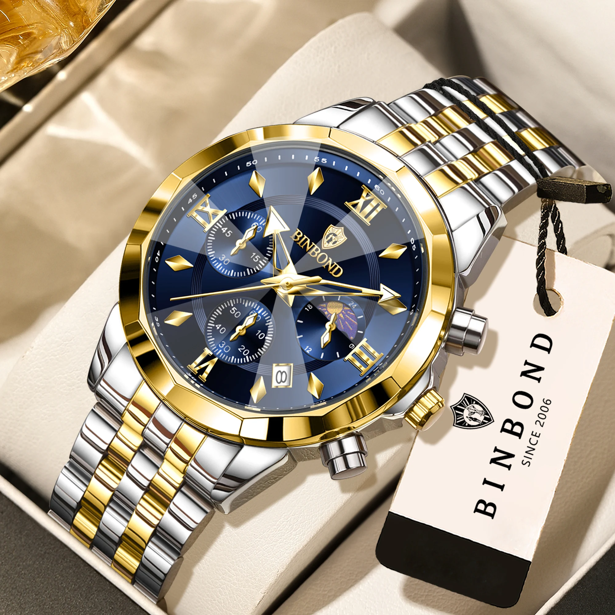 

BINBOND Orginal Chronograph Precise Quartz Watches For Men Luxury Auto Date Luminous Waterproof Men's Watch Durable Casual Reloj