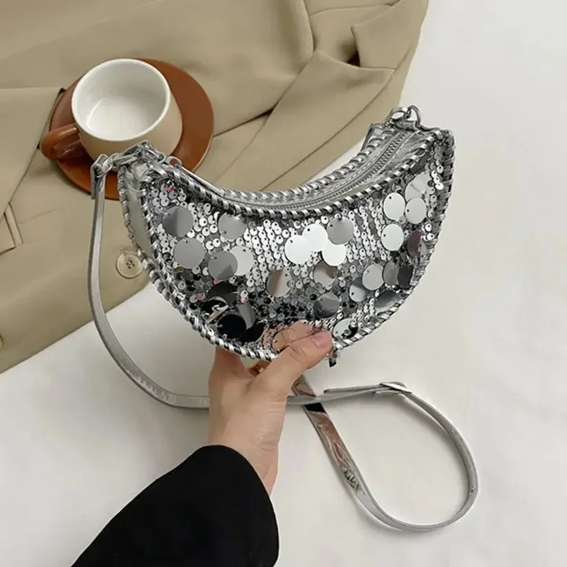 

Shiny Sequins Crossbody Bags For Women Fashion Solid Color Half Moon Bags Female Versatile Trendy Commuting Shoulder Bags