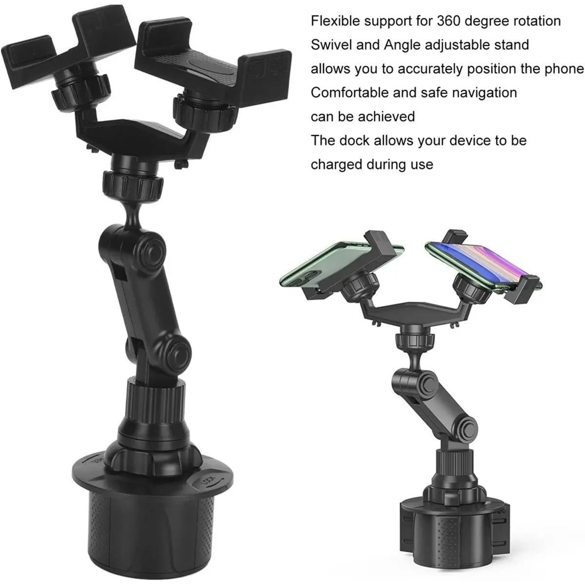 update. 360° Rotatable Double Phone Holder for Car Phone Holder Flexible Neck Dual Cradle Mount