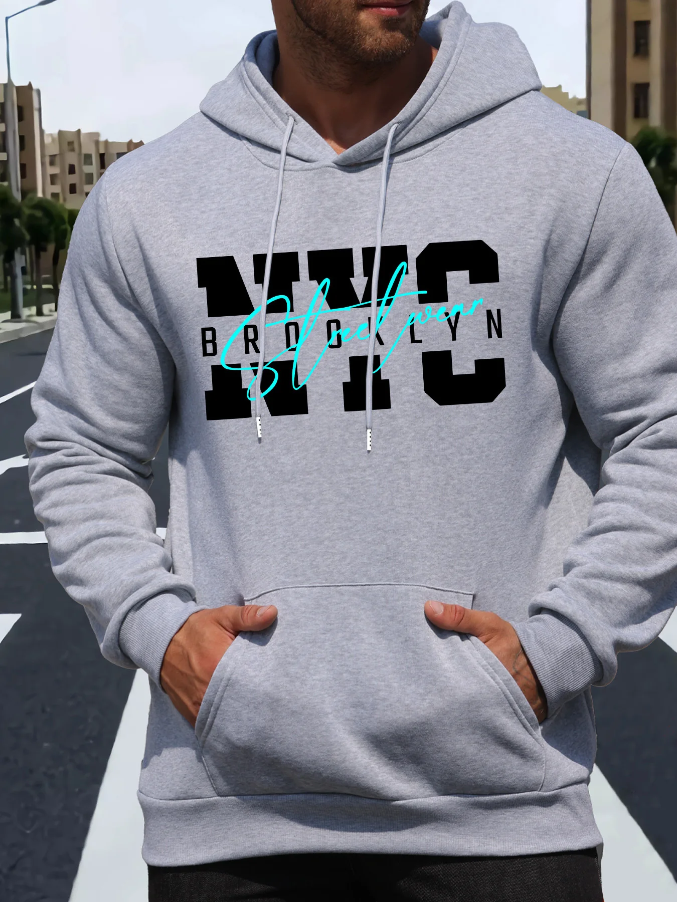 Vintage NYC Brooklyn Script Print Hoodie For Men Thick Fleece Warm Hooded Sweatshirt Urban Street Hip Hop  Sports sweatshirt
