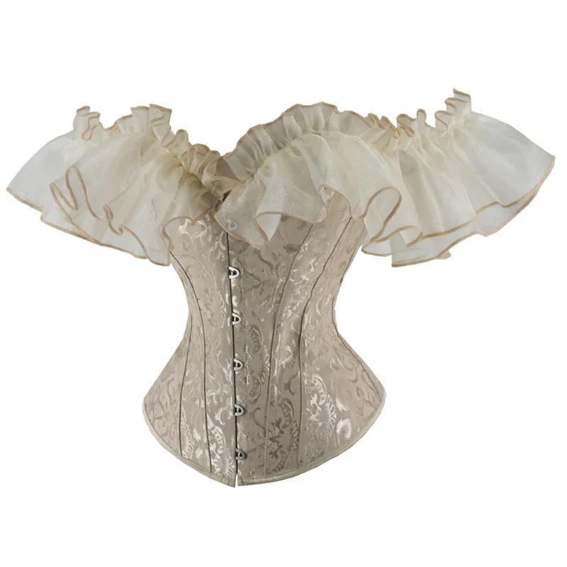 Gothic Off-Shoulder Korsett-Bluse Sexy Bustier Korsett-Top mit Rüschen und Gürtel Schlankmachendes Modellierendes Damen-Trägerkorsett Bühnen-Shapewear – Detail 16