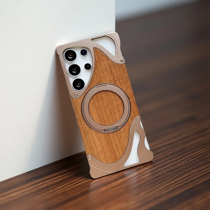 

Walnut Back Magnetic Rotating Bracket Phone Case, For Samsung S25 S24 S23 Ultra Metal Frameless Anti Fall Protective Case ﻿