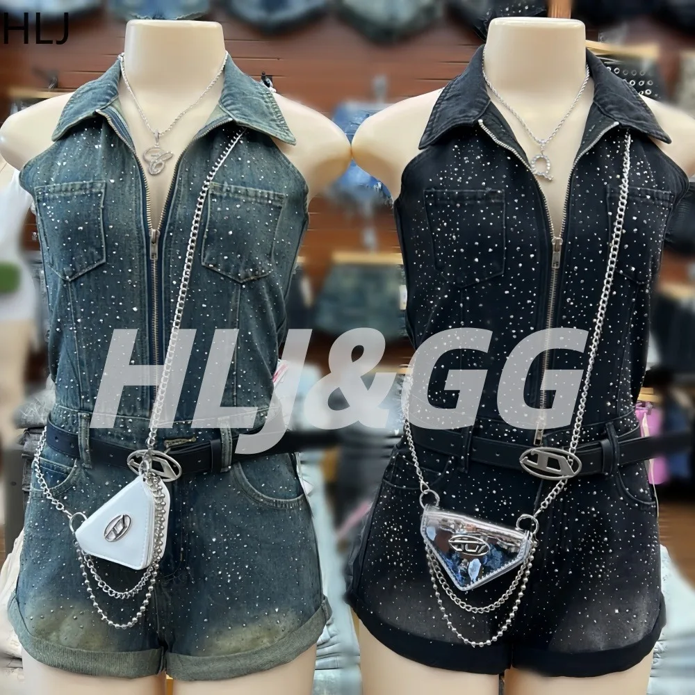 HLJ Y2K Sexy Rhinestone Patchwork Denim Romper for Women Halter Neck Zipper Bodycon Short Jumpsuit Female Streetwear Overalls