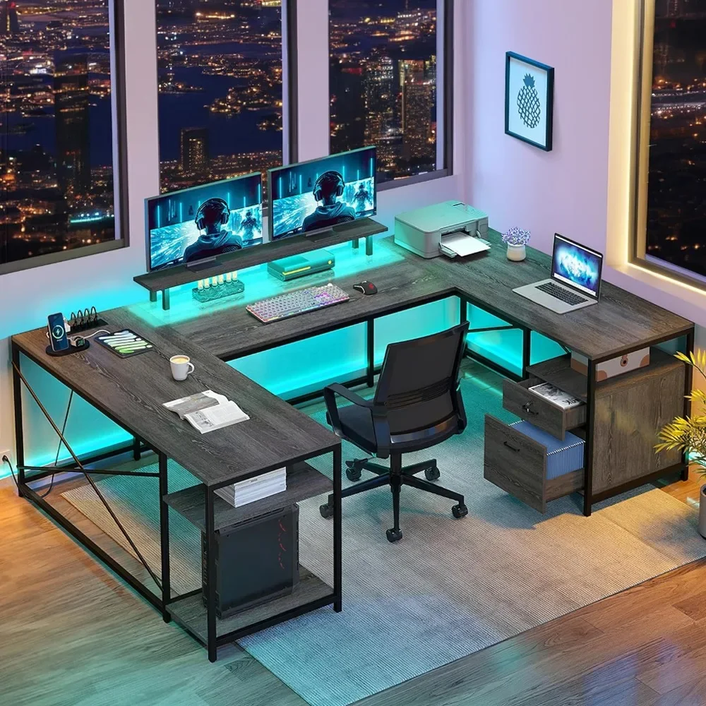 U-shaped table, computer desk with power socket and LED lights, double-sided L-shaped table with drawers with monitor stand