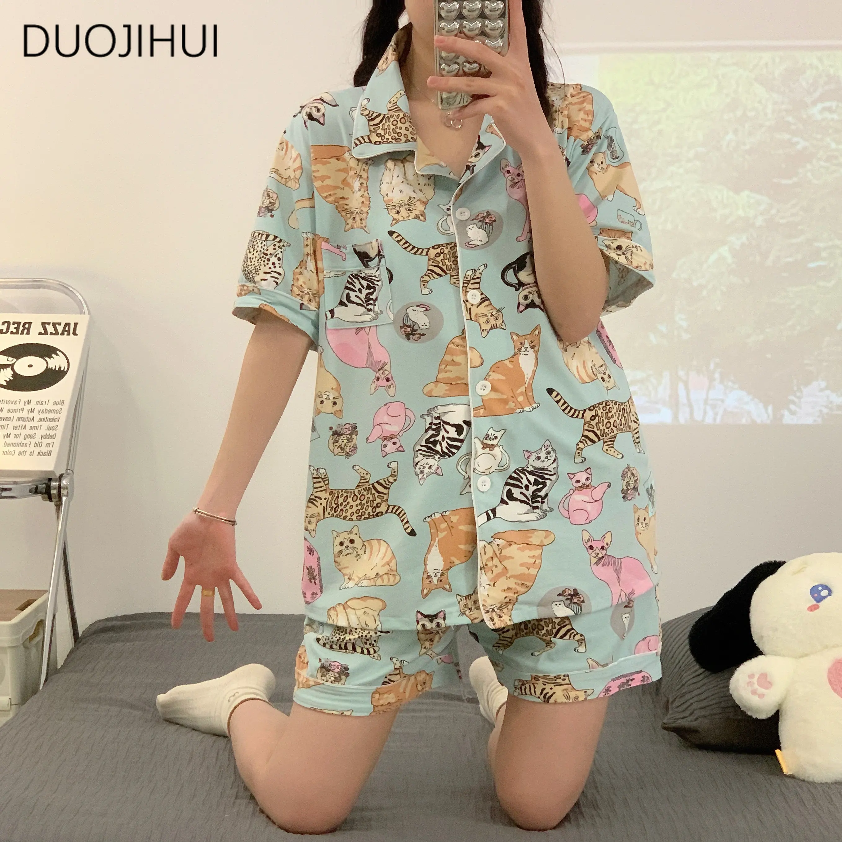 DUOJIHUI Ins Two Piece Chic Printing Female Pajamas Sets Basic Button Cardigan Simple Pant Fashion Casual Home Pajamas for Women