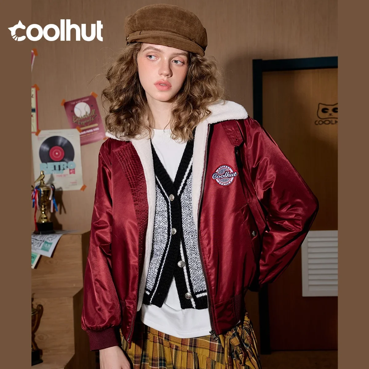 

COOLHUT Red Block Vintage Anorak Jacket for Women American Retro Loose Fit Hip Hop Coat Streetwear Outerwear for Fall Winter