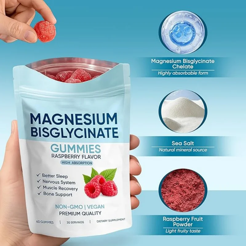 

Magnesium Bisglycinate Gummies High Absorption 60 Count Raspberry Flavor Support Muscle Bone Health Vegan Gluten Free