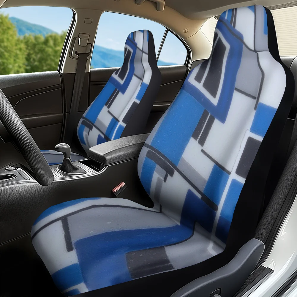 Set Of 2, Car Seat Covers With Geometric Blue Rectangle Design, Sturdy And Collapsible, Fits Most Front Seats, Perfect For Enhan