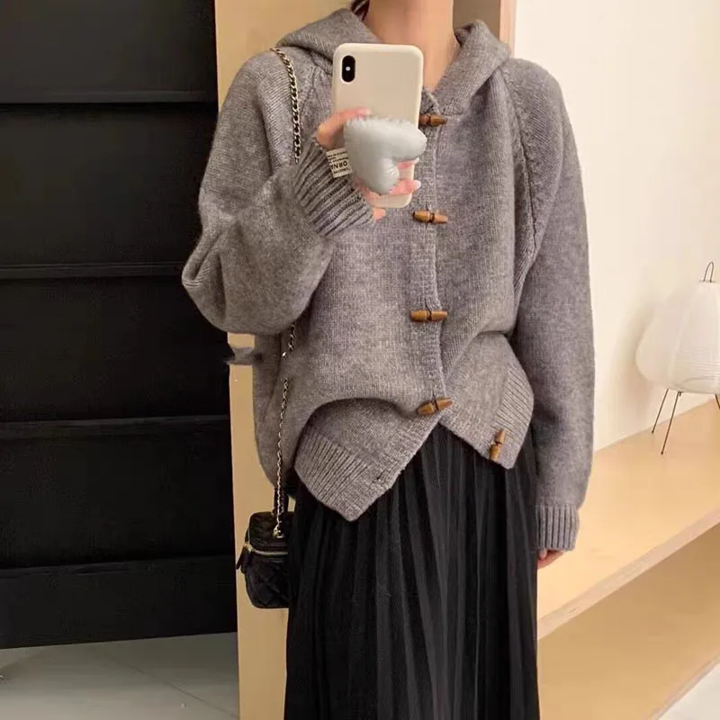 

Джемперы, женский вязаный кардиган, свитер, свитер с длинными рукавами, однобортная верхняя одежда, повседневная базовая одежда с капюшоном, свободные пуговицы