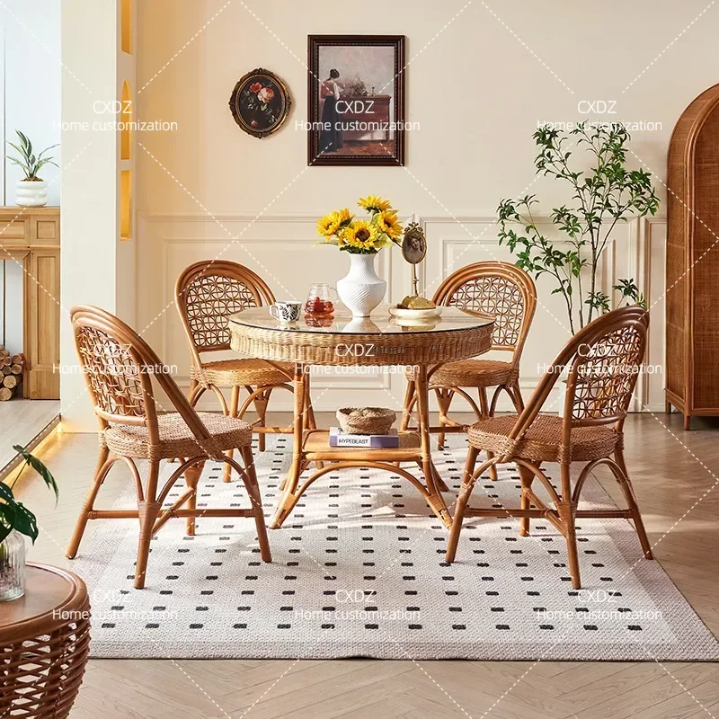 New Chinese Style Rattan Dining Table and Chair Set Handmade Indonesian Agate Rattan Antique Homestay Indoor 5 Piece